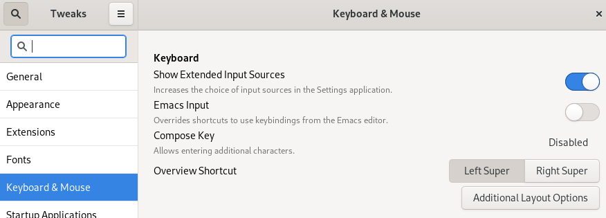 Wayland Keyboard set up with GNOME Tweaks Step 3: Open Keyboard & Mouse Panel