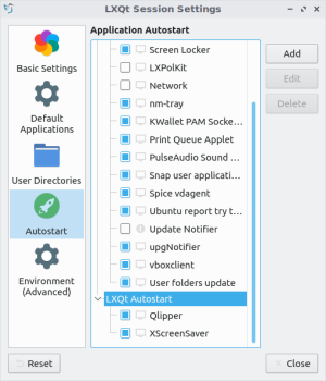 LXQt Autostart menu of Session Settings window